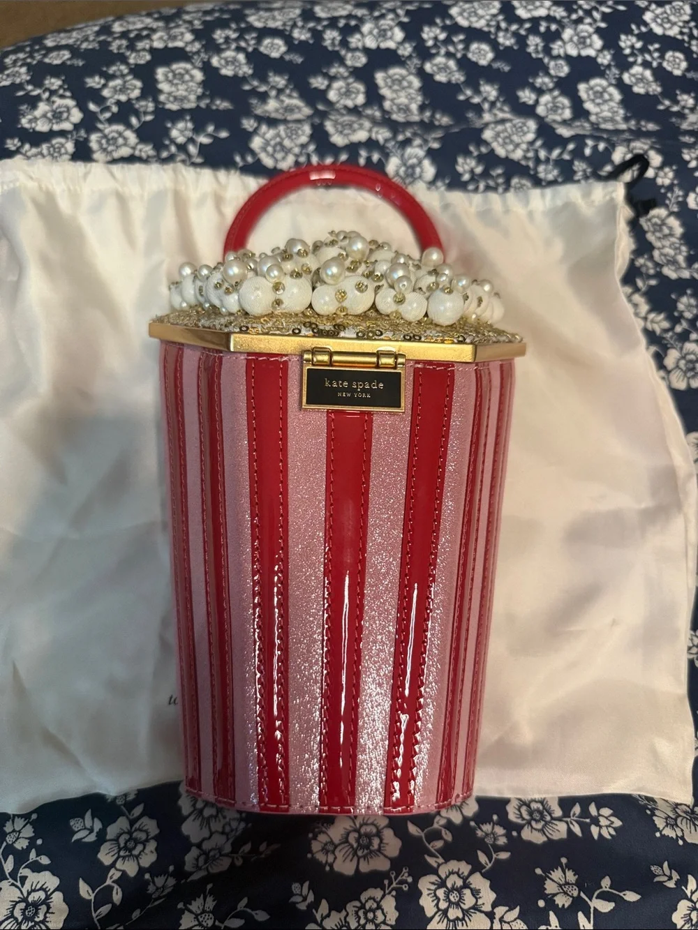 kate spade Red and Pink Patent Striped Pearl-Handle Mini Bucket Bag